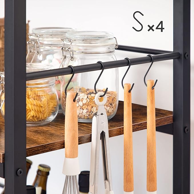 HOOBRO Kitchen Island with Wine Rack, Industrial Island Counter with Hooks and Protective Rails, 3 Tier Kitchen Shelf with Large Workstation, Easy Assembly, Rustic Brown BF02ZD01