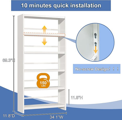 Bookshelf, Tall Bookcase for Books, CDs, Movies, Garage Kit, 5 Tier Book Shelf, Modern Display Shelf for Library Home Office Bderoom Living Room, Metal Bookshelves Industrial White