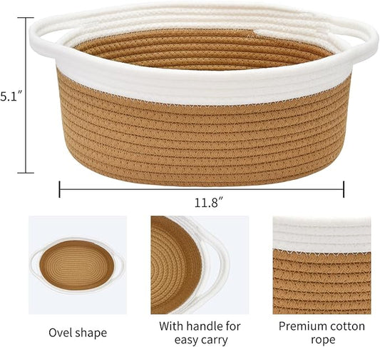 ABenkle Small Basket with Handles, Boho Decorative Rope Woven Dog Cat Toy Storage Bin Shelf Storage Organizer, Easter Christmas Gift Basket, 12"x8"x5", Brown