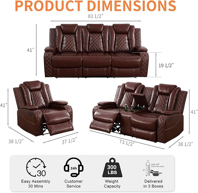 Living Room Furniture Sets with LED, Power Reclining Couch Set for Living Room, Include 1 Loveseat, 3 Seat Sofa, Modern Brown Leather Recliner Sofa Furniture Set for Home and Office