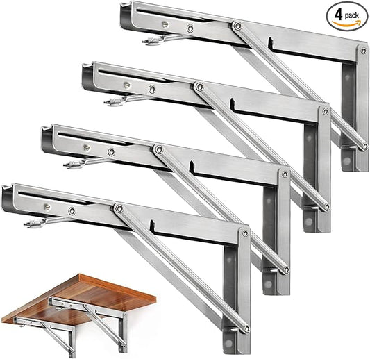 Storystore Folding Shelf Brackets - 12Inch Heavy Duty Stainless Steel Collapsible Shelf Bracket for Bench Table, Space Saving DIY Bracket, Max Load: 550lb