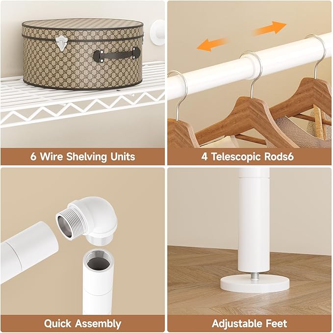 P3 Industrial Pipe Closet System, Wall Mounted Garment Racks with 4 Telescopic Rods & 6 Mesh Shelves, Heavy Duty Clothing Clothes Rack for Walk-in Closets (White)