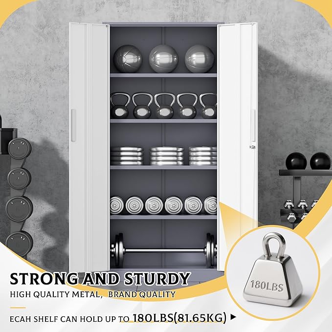 SUNCROWN 72" Metal Storage Cabinet - Heavy-Duty Metal Garage Cabinet with 4 Adjustable Shelves & 2 Doors for Tools, Office, Home, Workshop,Grey & White-Small