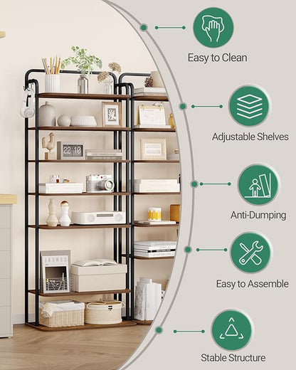 8 Tiers Widened Vertical Shoe Rack, Narrow Shoe Tower, Tall Shoes Shelf with 2 Hooks, Adjustable Shelves, Corner Shoes Shelves for Small Spaces, Entryway, Living Room, Rustic Brown SR12501B