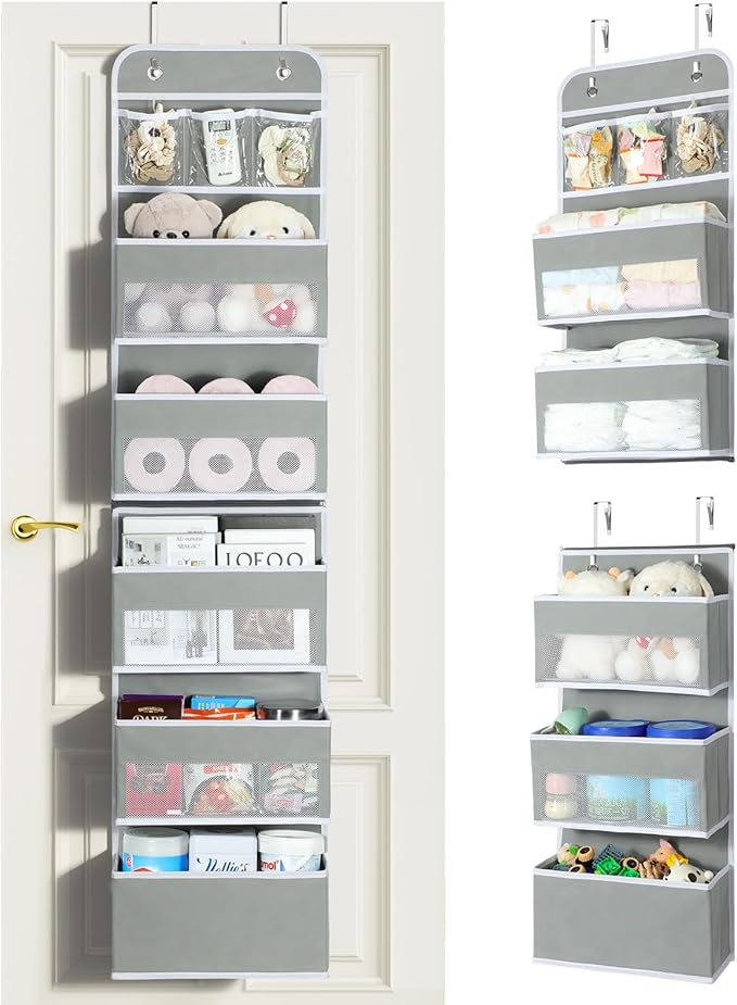 LAMU 6-Tier Over The Door Organizer, Swing - Proof Closet Door Organizer, Flexible 1 Split into 2 Over The Door Storage Organizer for Nursery, Bathroom, Bedroom, Grey, 5 x 14 x 61in
