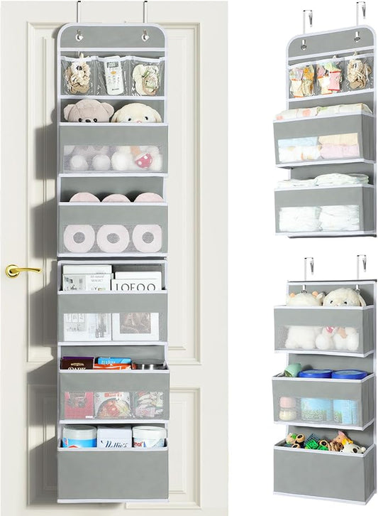LAMU 6-Tier Over The Door Organizer, Swing - Proof Closet Door Organizer, Flexible 1 Split into 2 Over The Door Storage Organizer for Nursery, Bathroom, Bedroom, Grey, 5 x 14 x 61in