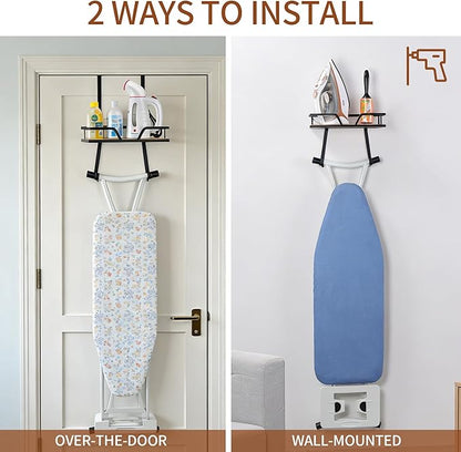 Over The Door & Wall Mount Ironing Board Hanger Wooden & Metal Laundry Room Organizer for Iron Steamer Pressing Accessories, Fits T-Leg Ironing Boards