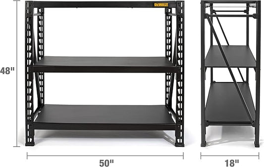 DEWALT Industrial Storage Rack Garage Shelving, 3 Heavy Duty Adjustable Laminate Deck Shelves, 50”W x 18”D x 48”H, 4,500 lb. Capacity, Black