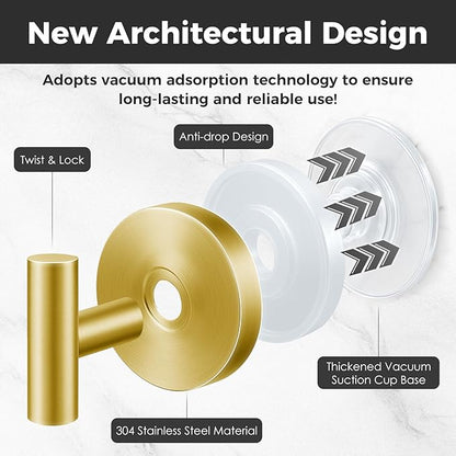 Shower Hooks for Inside Shower,No-Drill Removable&Reusable Towel Hooks for Bathroom,Heavy Duty Suction Cup Hooks for Glass Window,4 Packs(Gold)