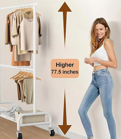 MISSLO Heavy Duty Clothing Racks for Hanging Clothes Rack Double Rod Garment Rack Rolling Closet Wardrobe Rack on Wheels, Metal, Adjustable, White