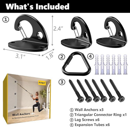 FITKIT 3-Pack Resistance Band Wall Anchor Set, No Weld Wall Mount for Exercise Bands & Suspension Straps – Compact Strength Training Kit for Home Gym Workouts & Physical Therapy