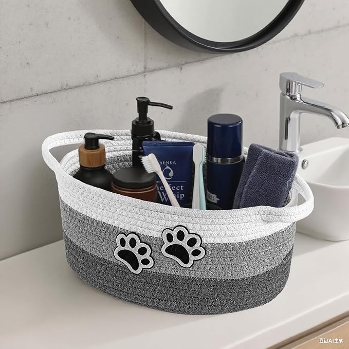 Small Woven Cotton Rope Nursery Organizer Bins, Dog Toy Basket Bins with Handle, Cute Empty Baby Gift Storage Baskets with Paw