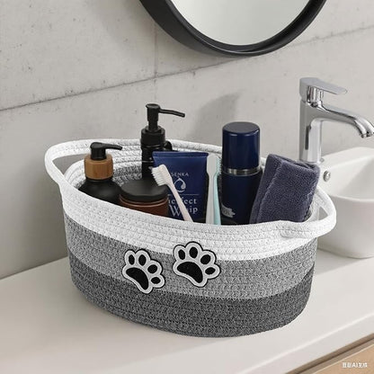 Small Woven Cotton Rope Nursery Organizer Bins, Dog Toy Basket Bins with Handle, Cute Empty Baby Gift Storage Baskets with Paw