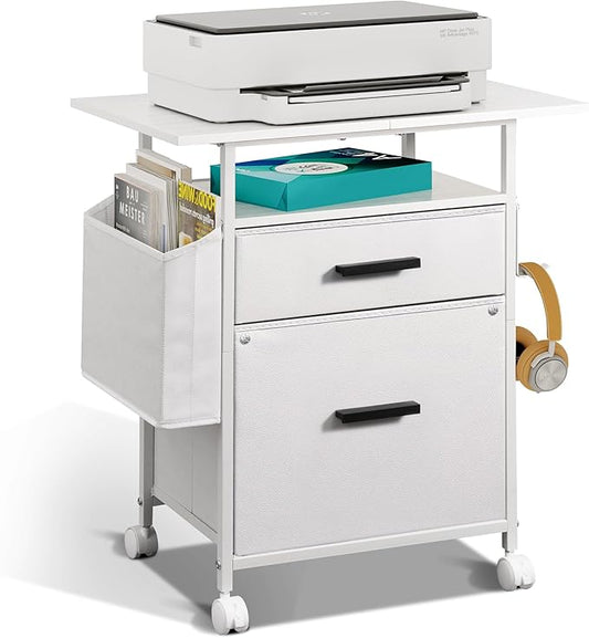 File Cabinet Printer Stand, Fabric Mobile Filing Cabinet with 2 Storage Drawers, for Hanging A4, Letter Size File Folders, Open Shelf with Storage Bag and Hooks Home Office, White