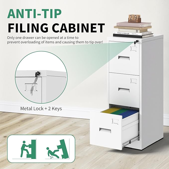 3 Drawer File Cabinet, Vertical File Cabinets with Lock for Home Office,Heavy Duty Office Steel Filing Cabinet for Hanging Letters/Legal/A4, Assembly Required (White)