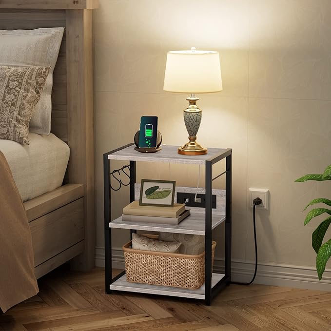 Industrial Printer Cart, 3-Tier Mobile Printer Stand, Rolling Cart with Power Outlets and USB Ports, Home Printer Stand with 2 Hooks, for Office, Living Room, Greige PTHG40E01