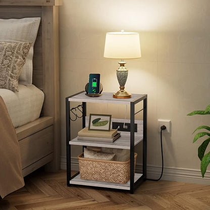 Industrial Printer Cart, 3-Tier Mobile Printer Stand, Rolling Cart with Power Outlets and USB Ports, Home Printer Stand with 2 Hooks, for Office, Living Room, Greige PTHG40E01