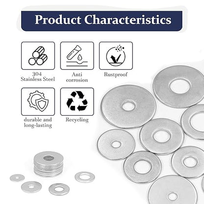 ZQZ 290Pcs Flat Washers, 304 Stainless Steel Fender Washers Assortment, 15 Different Sizes Wide Washer M3 M4 M5 M6 M8 M10 M12 Assorted Flatwashers Kit