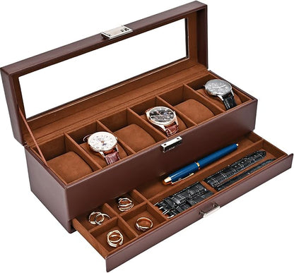 ProCase Watch Box, 6 Slot Watches Display Case with Drawer, Mens Watch Case with Glass Lid, 2-Layer Mens Jewelry Organizer Storage Holder, Birthday Valentine Gifts for Men -6 Slot, Espresso