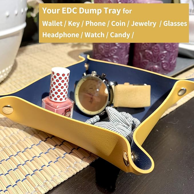 Leather Valet Tray for Men Women, Small Leather Catchall Desk Organizer, Key Holder for Entryway Table, Collapsible Travel Snap Tray (Silver + Pink)