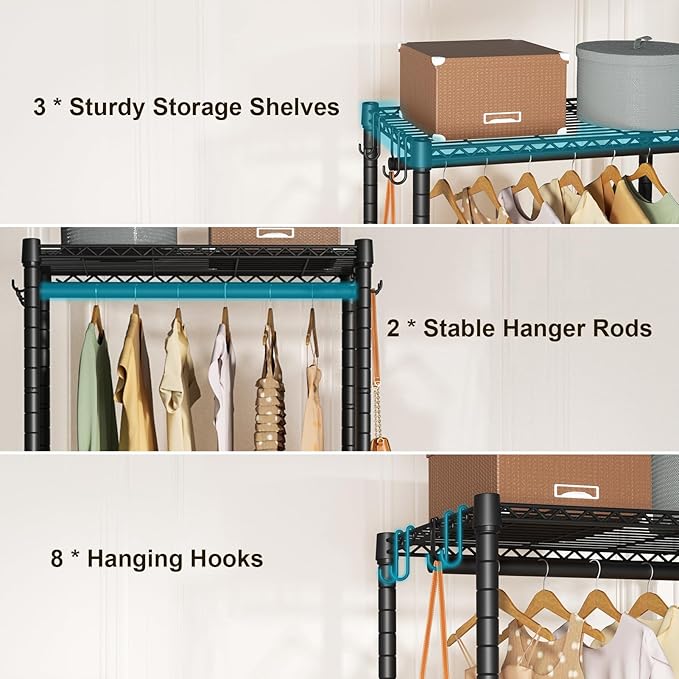 FUTASSI P3 Mini Rolling Clothes Rack, Clothing Racks for Hanging Clothes, Heavy Duty Garment Rack with Wheels, Freestanding Portable Closet Rack 23.6'' W x 14'' D x 78.5'' H, Max Load 430 Lbs, Black