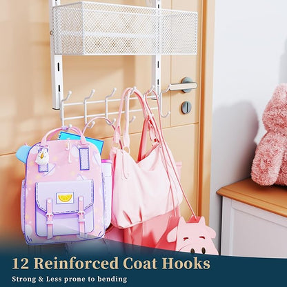 Consumest Over The Door Hooks Organizer - 4 Tier Door Coat Rack with 3 Baskets and 12 Hooks, Stainless Steel Towel Hanger for Bedroom, Bathroom, Living Room, White