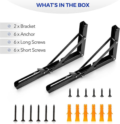 Ravinte 2 Pack 12 Inch Folding Shelf Brackets – Matte Black, Heavy Duty Collapsible Brackets for Tables and Benches – Space-Saving Design
