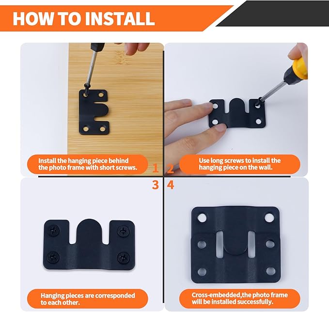 Stainless Steel Flush Mount Bracket, Interlocking Heavy Duty Photo Frame Hook, Interlocking Furniture Connector for Hanging Headboards Large Picture Display Wall Mount Hardware (Black, 4 Pairs)