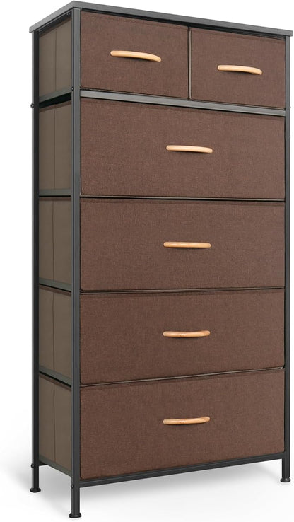 Mifuro Tall Dresser for Bedroom, Vertical Storage Organizer Tower with 6 Drawers, Chest of Drawers with Fabric Bins, Steel Frame, Wood Top for Bedroom, Closet, Entryway- Brown