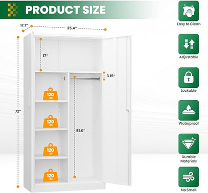 Broom Closet with Lock, Metal Storage Cabinet 36" Wide, 5-Tier Steel Utility Cabinet with Hanging Rod & Doors for Garage, Laundry Room, Warehouse Storage