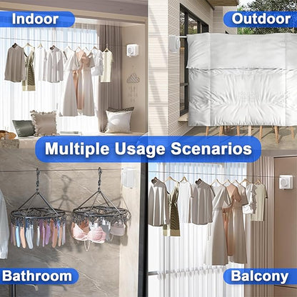 Retractable Clothesline Indoor, Non-Sagging Outdoor Clothes Drying Line Retracting Heavy Duty Clothes Drying Laundry Line Wall Mounted Stainless Steel Line - 15.6 Feet (1, White)
