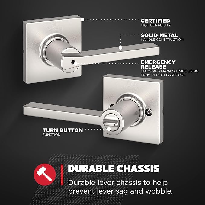 Kwikset Casey Interior Privacy Door Handle with Lock, Door Lever for Bathroom and Satin Nickel Reversible Keyless Turn Lock, with Microban Protection (Pack of 10)