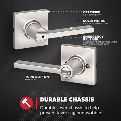 Kwikset Casey Interior Privacy Door Handle with Lock,Door Lever for Bathroom and Bedroom,Satin Nickel Reversible Keyless Turn Lock,with Microban Protection,(Pack of 4)