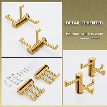 Angle Simple Towel Hooks Swivel, 304 Stainless Steel 3 Arms Foldable Hand Towel Holder, Coat Hooks, Brushed Dark Gold, 2 Pack
