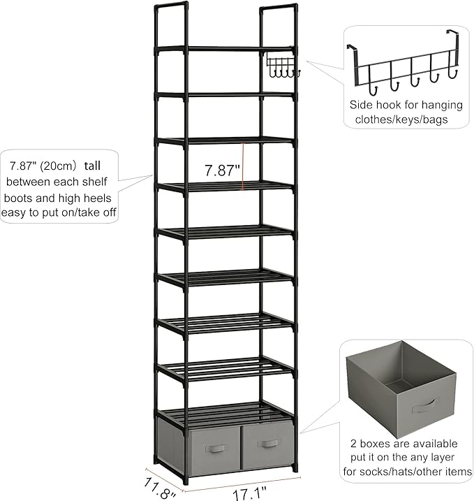 OYREL Tall Shoe Rack Narrow 10 Tier Shoes Rack 20 25 Pairs, Shoe Storage Organizer for Closet, Sturdy Metal Shoe Shelf Shoe Stand with 2 Boxes 1 Hook
