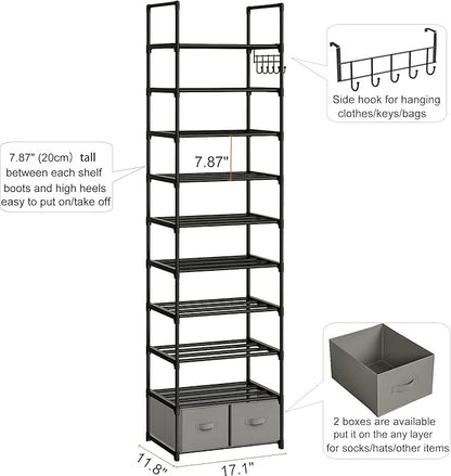 OYREL Tall Shoe Rack Narrow 10 Tier Shoes Rack 20 25 Pairs, Shoe Storage Organizer for Closet, Sturdy Metal Shoe Shelf Shoe Stand with 2 Boxes 1 Hook