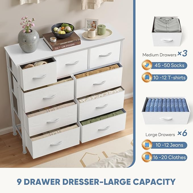 DUMOS Dresser for Bedroom, Storage Organizer with 9 Drawers, Chest of Drawers with Fabric Bins, Sturdy Metal Frame, Wood Tabletop for Guest Room, Closet, Entryway, White