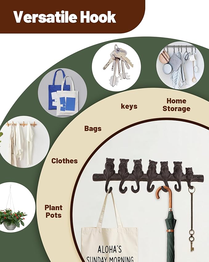 Cat Tail Wall Hooks for Hanging - Cast Iron Vintage Wall Decor Coat Rack - Vintage Rustic Design Hat Hooks for Kitchen, Entryway - Handmade Heavy Duty Key Hook