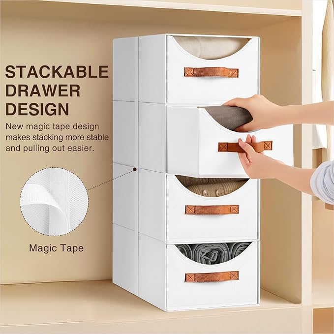 Stackable Storage Drawers - Collapsible Storage Bins with Drawers, 6 Pack Closet Shelf Organizer Basket, Fabric Pull Out Organizer for Bedroom, Living Room, Dorm, White