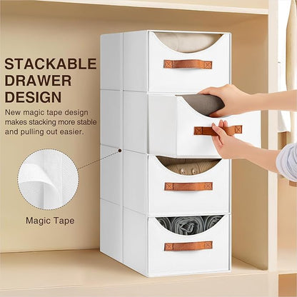 Stackable Storage Drawers - Collapsible Storage Bins with Drawers, 4 Pack Closet Shelf Organizer Basket, Fabric Pull Out Organizer for Bedroom, Living Room, Dorm, White