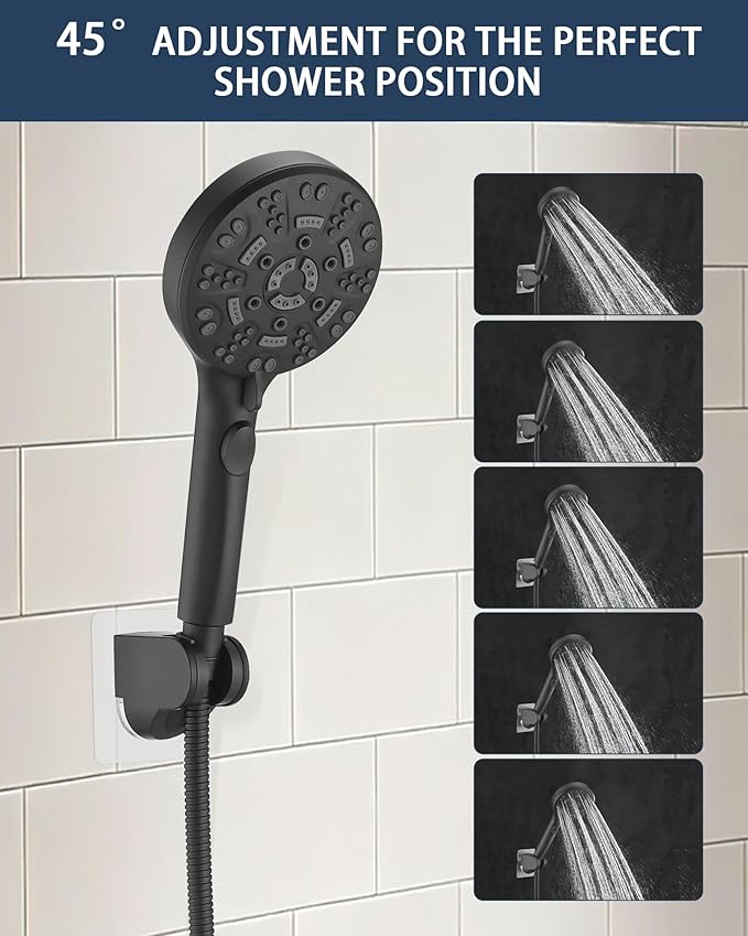 Handheld Shower Head Holder Super Strong Adhesive No Drill Adjustable Wall Mount for Hand Held Wand, Ideal for Kids, Elderly, and Short Users (Matte Black)