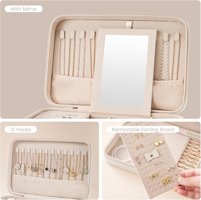 Lolalet Travel Jewelry Case for Women Girls, Travel Jewelry Organizer Box with Mirror & Clear Storage Bag, Small Portable Earring Necklace Bracelet Ring Case, Birthday Valentine Gifts -Large, White