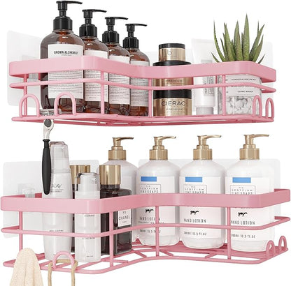 Corner Shower Caddy - 2 Pack, Adhesive Shower Organizers, Rustproof Stainless Steel Shower Shelves with 8 Hooks, No Drilling Bathroom Organizers and Storage Racks, Space-Saving, Pink, X-Large