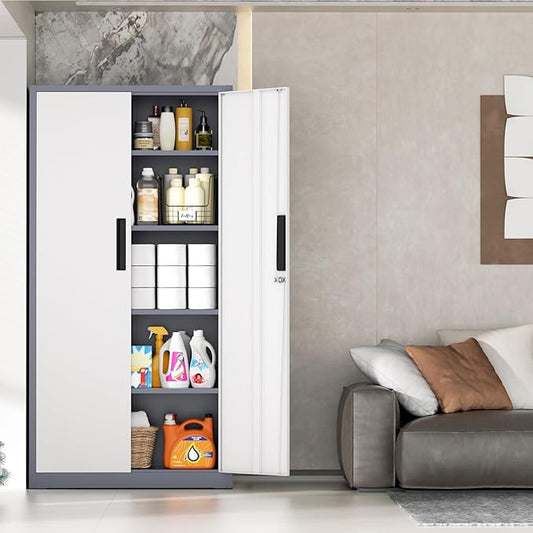 INTERGRAET 63" Pantry Cabinet, Kitchen Pantry Storage Cabinets with 2 Doors and 4 Shelves,Gray White Metal Storage Cabinet,Cupboard for Home,Kitchen,Living Room/Dining