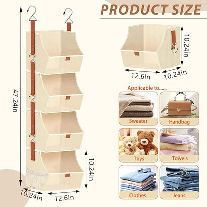 Fabric 4 Tier Hanging Closet Organizer Heavy Duty Beige Shelf Hanging Storage Towel Clothes Sweater Jeans Bag Organizer For Closet For Bedroom, Dorm, RV, See Through Front Panel, Space-Saving