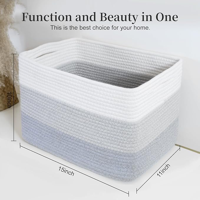 Hopegiver 1 Pack Woven Storage Baskets for Shelves, 15x11x10 Inch Cotton Rope Decorative Organizer Bins for Blanket Clothes Book Baby Pet, Gift Toy Basket for Living Room, Office, Bathroom & Nursery