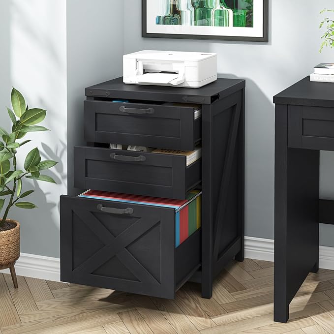 3 Drawer Small File Cabinet, Farmhouse Vertical Filing Cabinet Fits Letter and A4 Size, Under Desk Wooden File Cabinets for Home Office, Printer Stand, Black