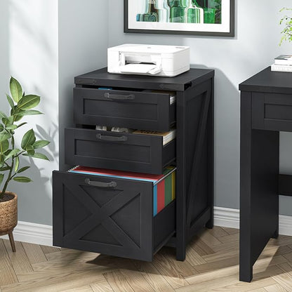 3 Drawer Small File Cabinet, Farmhouse Vertical Filing Cabinet Fits Letter and A4 Size, Under Desk Wooden File Cabinets for Home Office, Printer Stand, Black