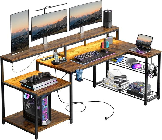 Bestier 71.5 inch Computer Desk with Power Outlets, LED Large Home Office Desk with Monitor Stand, L Shaped Corner Desk with Printer Stand Adjustable Shelf, Cup Holder & Headset Hooks, Brown