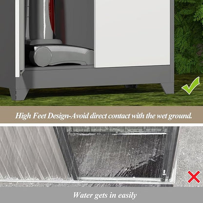GREATMEET 72.8" Outdoor Broom Storage Cabinet, Metal Storage Cabinets for Cleaning Supplies with Slanted Roof, Waterproof Outdoor Slim Shed,Utility Closet for Broom Mop, Grey&White